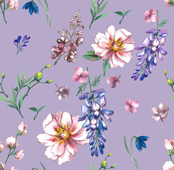 Bright feminine watercolor botanical floral fashionable stylish pattern with peony and anemone flowers pastel lilac background.