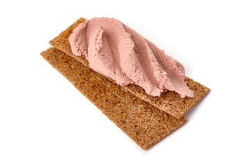 Sandwich with homemade chicken liver pate, isolated on white background.