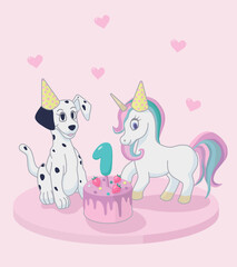 Dalmatian puppy with Unicorn and birthday cake
