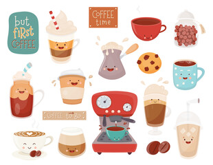 Coffee Clipart Pack. Cartoon Characters and Elements on White Background. Vector Illustration - 519861111