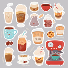 Coffee Sticker Pack. Cartoon Characters for Coffee Lovers. Vector Illustration - 519861112