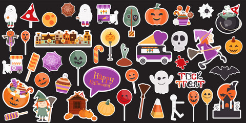 Cartoon Halloween Characters. Halloween Stickers Set Witch, Mummy, Ghost, Pumpkin. Vector Illustration.