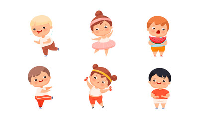 Children leading active healthy lifestyle set. Kids doing sports and eating healthy food vector illustration