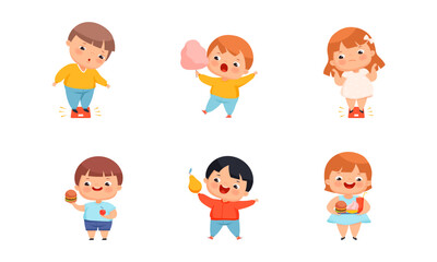 Little children eating healthy and unhealthy food set vector illustration