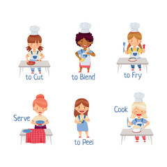 Cute kids cooking in kitchen demonstrating action verbs. Little children cutting, blending, frying, serving and peeling vector illustration
