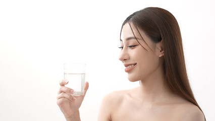 Beauty concept of 4k Resolution. Asian woman drinking clean water on a white background.