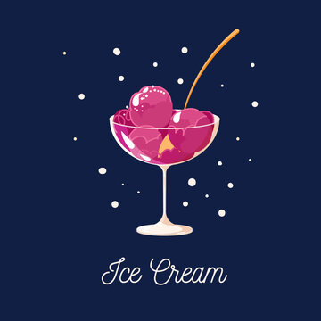 Ice cream pink balls in glass vase vector illustration. Summer frozen dessert isolated on blue background