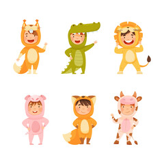 Cute kids wearing animal costumes set. Squirrel, crocodile, lion, pig, fox, cow vector illustration