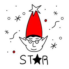 Merry Christmas avatars head elf or gnome and lettering STAR. The xmas black and red vector illustration in doodle art style. Trendy hand drawn icons.