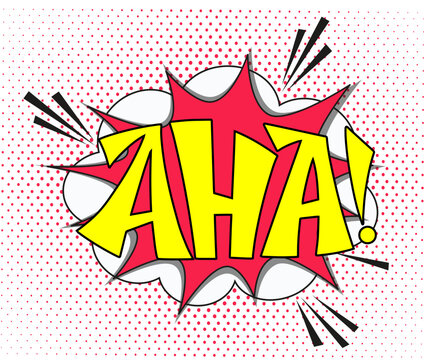 Comic lettering aha with red lips and an open mouth. Vector bright cartoon illustration in retro pop art style. Comic text sound effects.