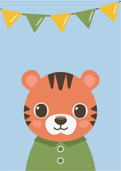 Card or poster with cute animal. Festive tiger. Vector graphic.