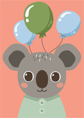 Card or poster with cute animal. Festive koala. Vector graphic.