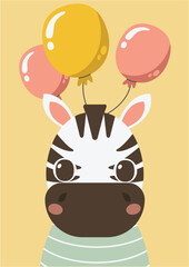 Card or poster with cute animal. Festive zebra. Vector graphic.