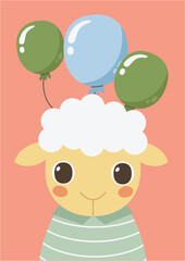 Card or poster with cute animal. Festive sheep. Vector graphic.