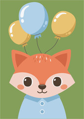 Card or poster with cute animal. Festive fox. Vector graphic.