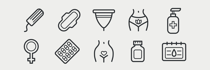 Menstruation line icon set. Sanitary pad and periods. Personal intimate hygiene. Menstrual cup. Vector illustartion © Tatiana