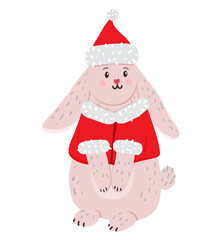 Vector illustration of Christmas cute rabbit in Santa New Year clothes. Cute rabbit - symbol of 2023
