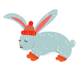 Vector illustration of cute funny rabbit in winter socks and hat. Illustration of cute rabbit - symbol of 2023