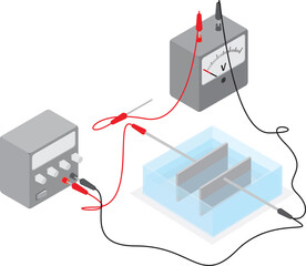 Isolated vector illustration of a laboratory experience to determine equipotential surfaces. 
Voltmeter, electric wires, glass tub, salt water, copper plates and voltage source in 3d diagram. 