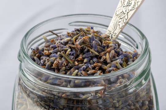 dried lavender in a jar close up