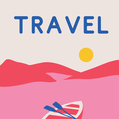  Landscape and boat vector illustration.  Abstraction in pink, beige and blue colors for posters, social media, advertising, wallpaper, cover, web, etc.
