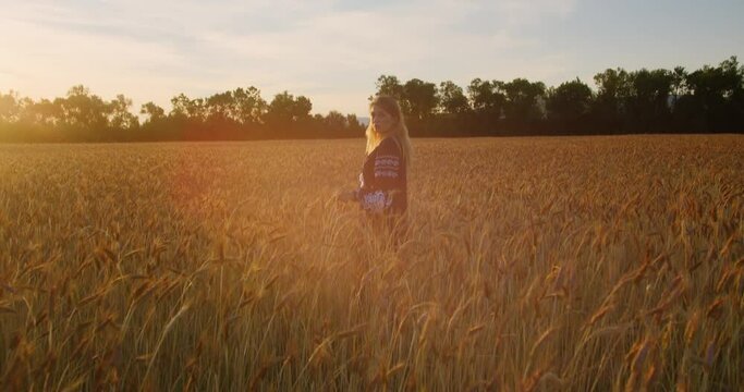 Portrait of young woman on a wheat field
A beautiful romantic village girl in an embroidered shirt in national ukrainian vyshyvanka shirt stands in a wheat field in sunset or sunrise rays of light