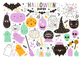 Vector collection of cute pastel halloween doodles. Hand drawn magic characters for kids. Bat, pumpkin, ghost, witch hat, cauldron, skull elements for autumn card, poster, invitation design