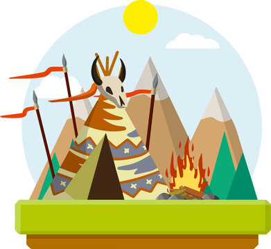 Indian wigwam. Native American house. National hut made of skins with pattern. Nature of landscape. Spears are weapons, fire, and animal's skull. Ribbon for text