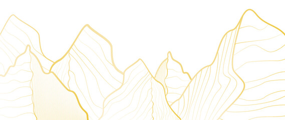 Vector illustration. Golden art deco mountains isolated on a yellow background. Luxury wallpaper design with gold foil shiny mountain landscape sketch.
