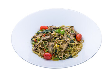 Pine Nuts Aglio Olio served in a dish isolated on plain white background side view