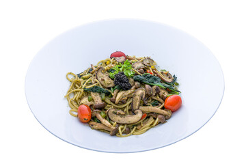 Truffle Aglio Oli served in a dish isolated on plain white background side view