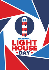 Obraz premium National Lighthouse Day. Holiday, celebrated annual in August 7. Navigational aid for maritime pilots at sea. Design with lighthouse. Poster, greeting card, banner and background. Vector illustration