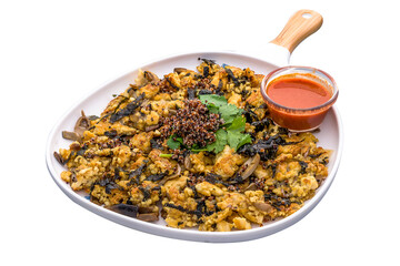 Vegan Quinoa Orh Luak with chilli sauce served in a dish isolated on plain white background side view of Orh Luak Carrot Cake