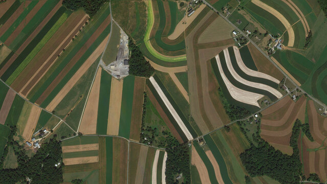 Colorful fields bird's eye view, cultivated fields looking down aerial view from above, Pennsylvania, USA