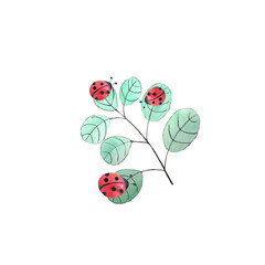 Ladybugs on a twig of a plant. Plants and insects.White isolated background. Watercolor raster illustration. It can be printed on napkins, calendars, mugs, stickers, dishes.