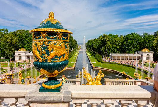 Saint Petersburg, Russia - July 2022: Grand Cascade and Fountains alley in Peterhof