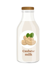 Vegan cashew nut milk in glass bottle, alternative non dairy drink, vector Illustration on white background
