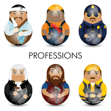 Design tilting toy. Set of people of various professions. Painter, blacksmith, judge, sushi chef, policeman, trucker. Modern kawaii dolls for your business project.