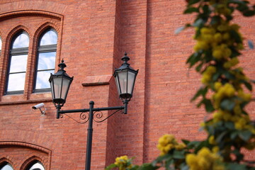 Old city lanterns on a brick background with blurred flowers.