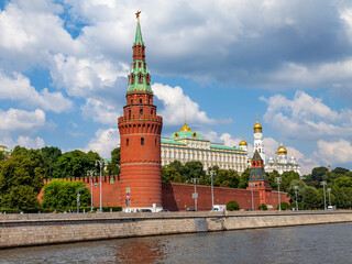 Moscow, Russia, July 25, 2022.  Panorama of the Moscow Kremlin and river embankment 