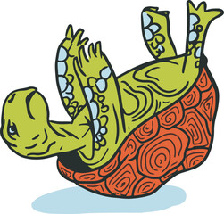 Illustration of old turtle laying on his back with shell on the ground needing help