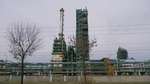 City gas distribution station. Shooting in motion of gas pipelines.