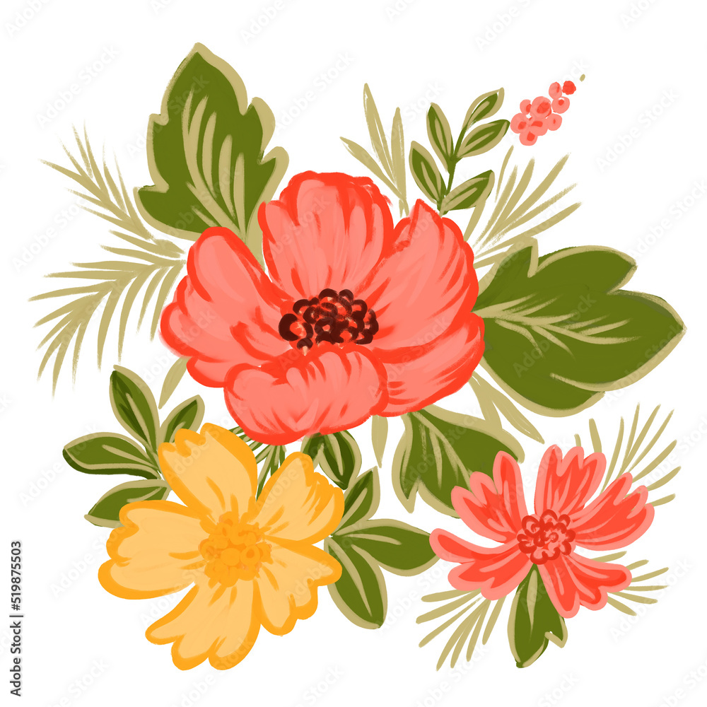 Wall mural digital floral illustration in coral color and yellow flowers arranged with leaves