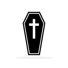 Obraz premium Coffin icon. Wooden coffin black icon with cross. Coffin isolated symbol. Vector illustration.