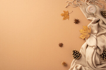 Autumn inspiration concept. Top view photo of yellow maple leaves candle anise pine cones and plaid on isolated beige background with copyspace © ActionGP