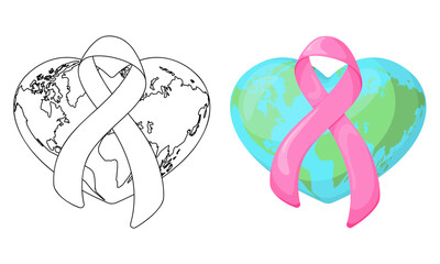 Set of vector illustrations Pink ribbon with a heart-shaped planet earth isolated on white background in casual style