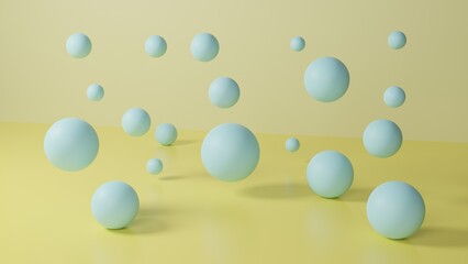 Composition with blue spheres in different sizes on pastel yellow background.  3D render illustration