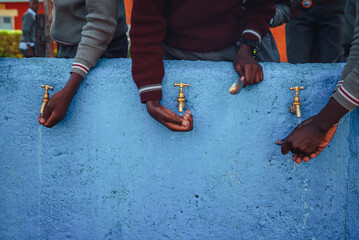 Lack of Water in Africa. African children holding hands by source of water. Illustration photo....