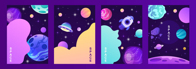 Set of dark space banners.  Planets of the solar system. Space travel and exploration. Set of cartoon vector templates for cards, flyers, brochures.	 - 519877946
