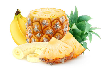 Cut banana and pineapple fruits isolated on white background